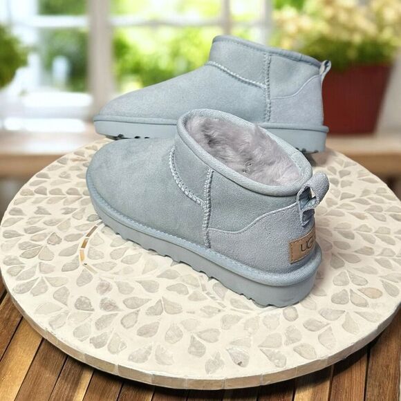 UGG Classic Ultra Mini Boots Sea Foam Suede Sheepskin Shearling Fur Lined Size 6 - Picture 7 of 11